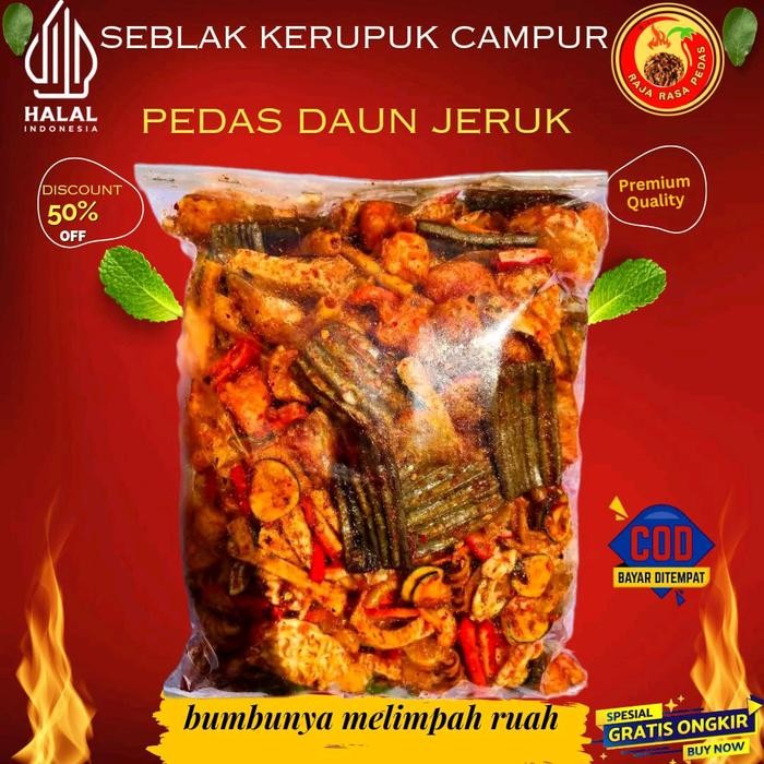 

TERJAMIN Seblak Campur Krupuk Mix Pedas Daun Jeruk Netto 500 GR Aneka Cemilan Basreng Krupuk Jengkol