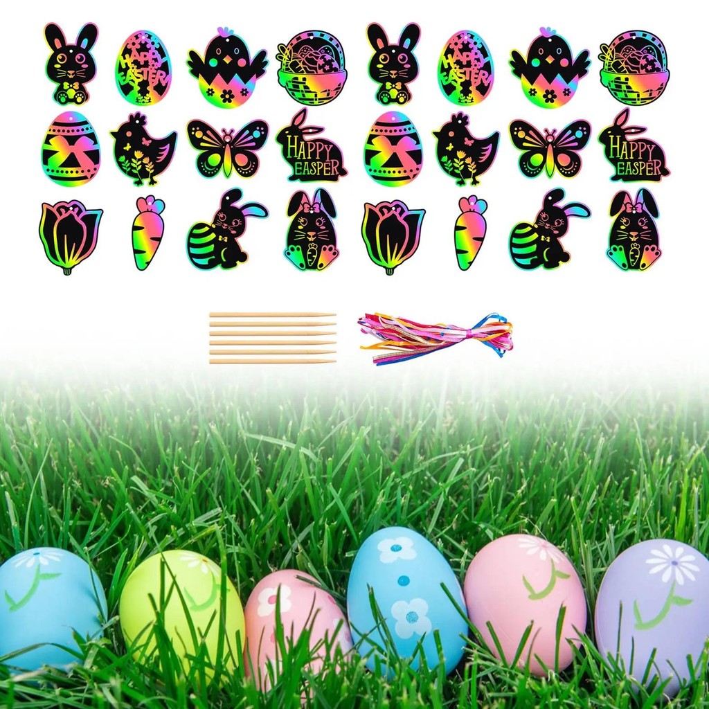 

24 Pieces Easter Scratch Paper Set, Party Favors, Hanging Drawing Toys Decoration, DIY Ornament, Scratch Art, Easter Crafts