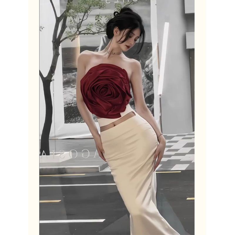 New Style Little Chanel Red Rose Strapless Dress Set