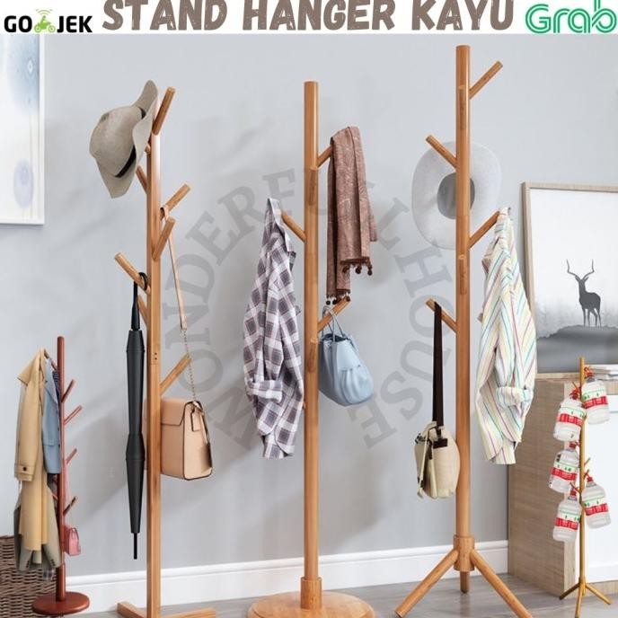 Standing Hanger Kayu Gantungan Baju Topi Tas Serbaguna Gantungan Kayu