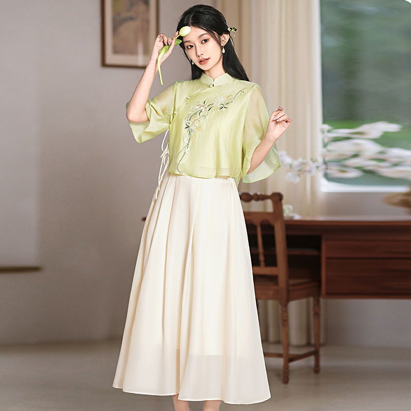 Set Hanfu yang Ditingkatkan Atasan Cheongsam Pakaian Teh Zen untuk Wanita