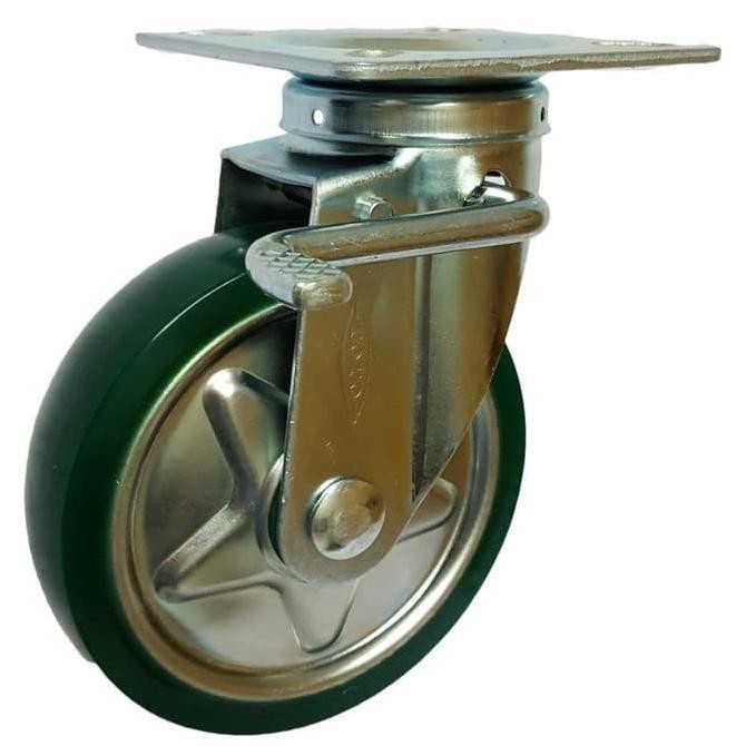 RODA CASTER TROLY / TROLI PU HIJAU 4 INCH REM ( KUNCI ) TOYO