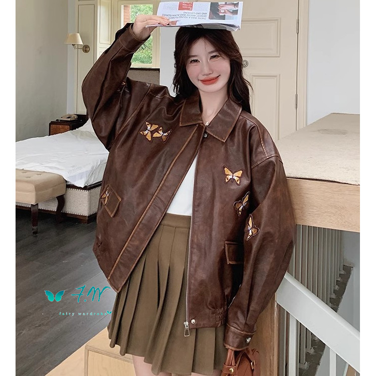 Maillard Brown Leather Jacket New Butterfly Embroidery Leather Jacket