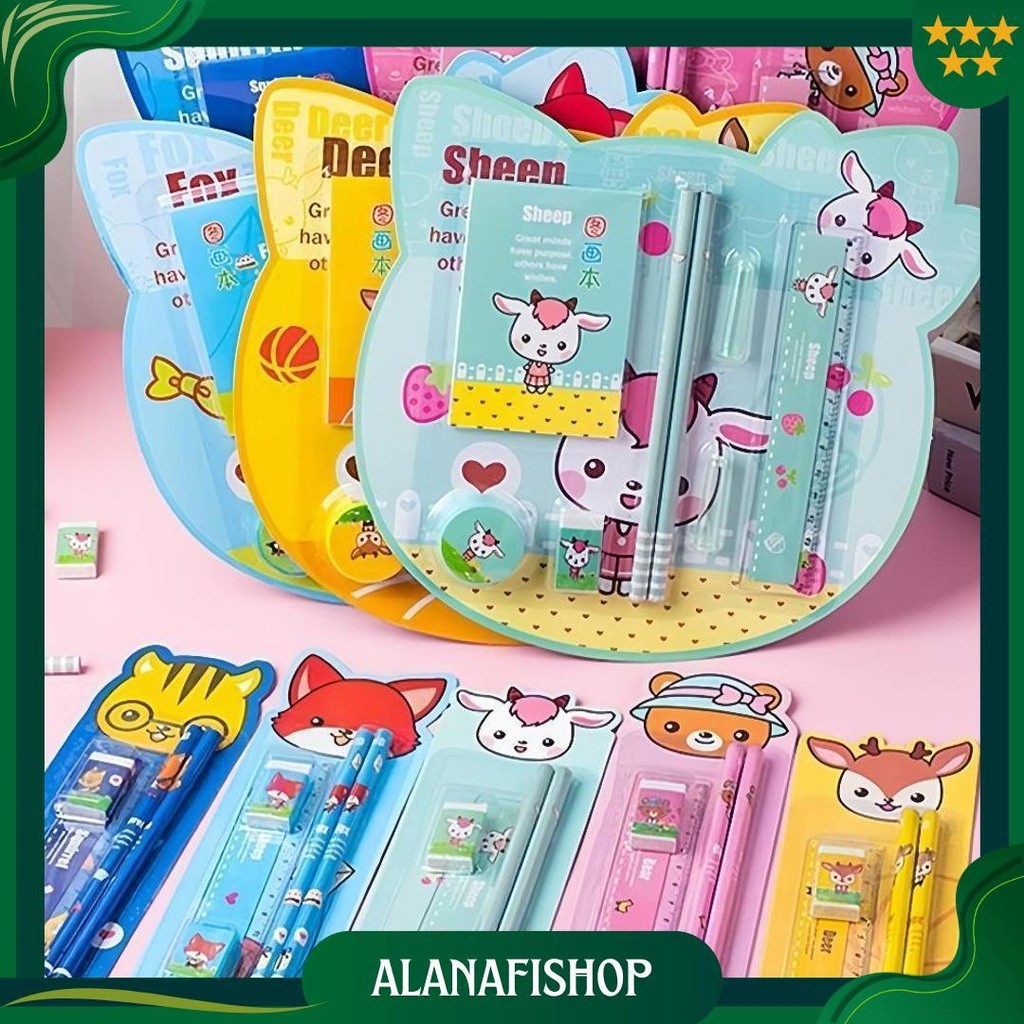 

Set Alat Tulis Lucu 5 In 1/8 In 1 Souvenir Ulang Tahun Notebook, Pensil, Penggaris, Penghapus, Rautan Gambar Kartun Gratis Ongkir