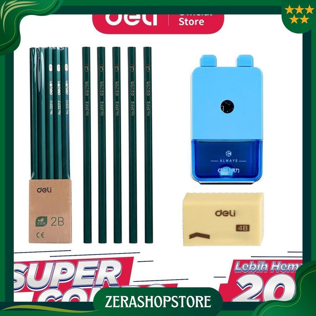 

Deli Combo Set 2 - 10Pcs Pensil 2B + 3Pcs Penghapus + Rautan Putar Sale