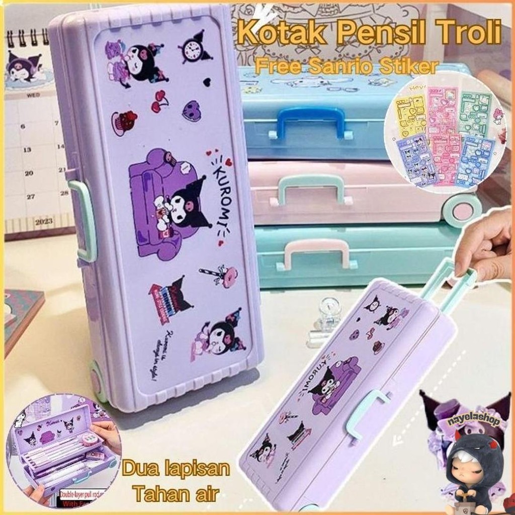 

[Penjual Lokal] (Free Sanrio Sticker) Kotak Pensil Troli Lucu Kotak Alat Tulis Dua Lapis Kuromi Koper Kreativitas Kapasitas Besar Pemodelan Murah