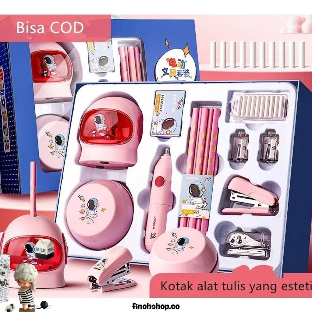 

Electric Stationery Set / Set Alat Tulis Elektrik Rautan Penghapus Vacuum Pensil 11 In 1 Pink Biru Murah