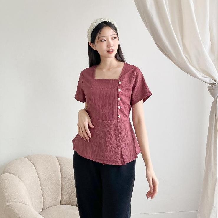 CR - [COTTONBELLS] BAJU PREMIUM BRIANNE BUTTON SQUARE PLAID TOP (CV - B 13574) TERLARIS
