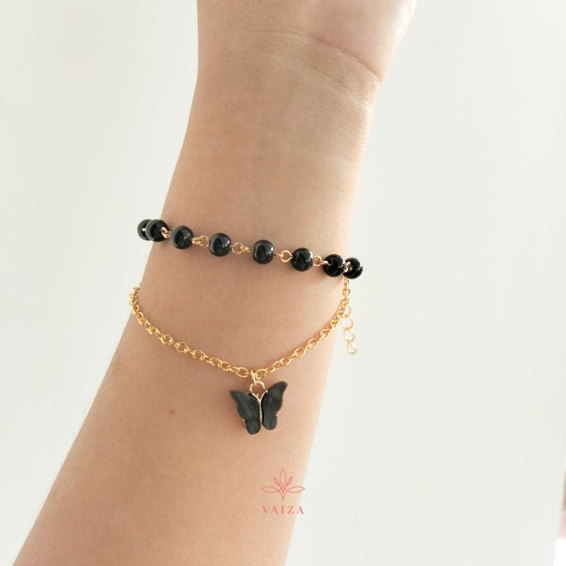 VAIZA - [ Farasha Necklace & Bracelet ] Gelang Kalung Kupu-kupu Hitam Double Layer / Kalung Choker R