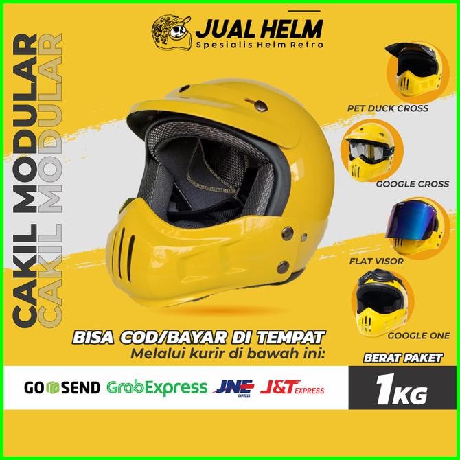 JUAL Helm Retro Cakil Modular Kuning Glossy (Vespa / Klasik / Vintage)