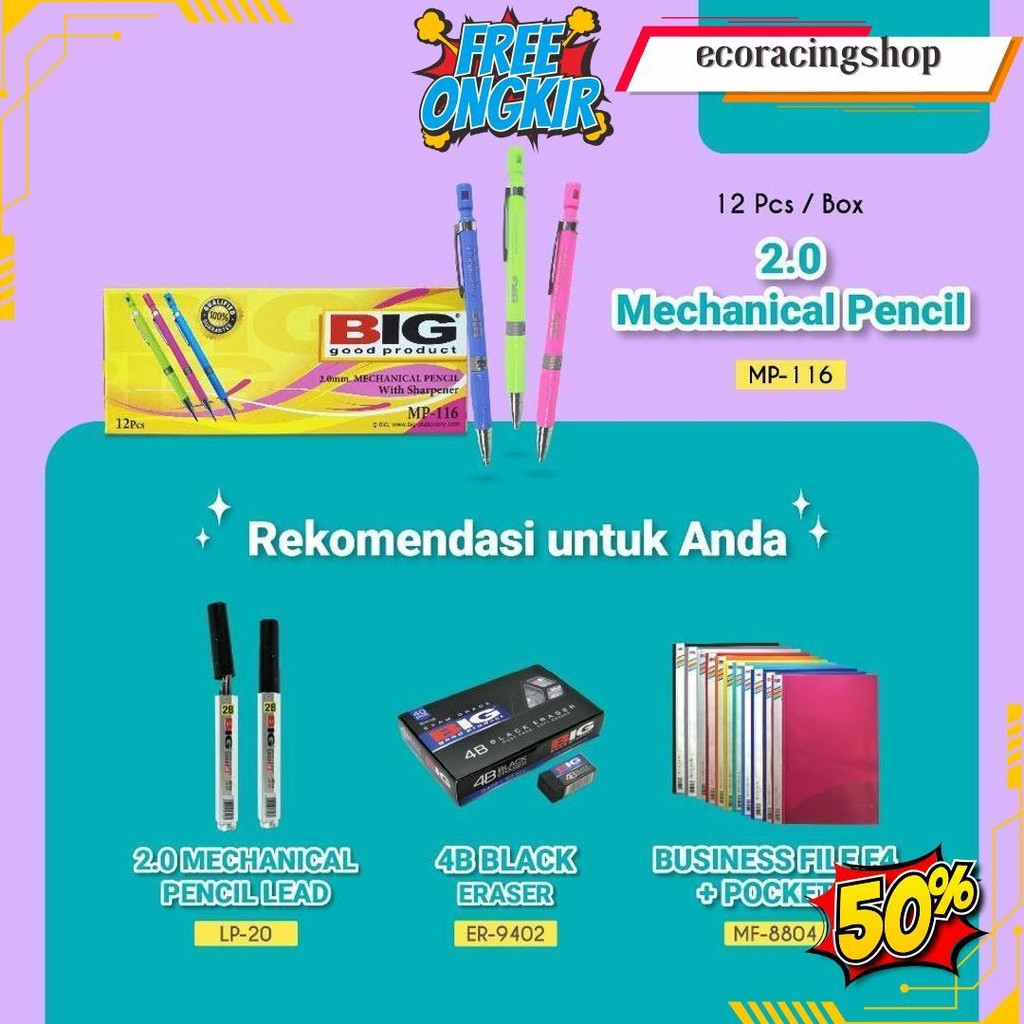 

12 Pcs Big Pensil Mekanik 2.0 Mp-116 Bisa Cod