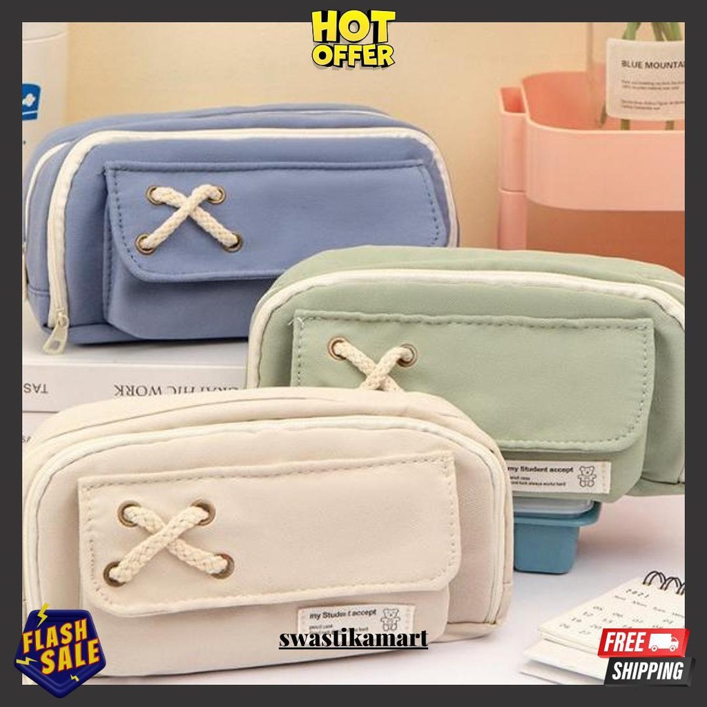

Hpt Tempat Pensil Model Pita Silang Kotak Pensil Tali Rami Ritsleting Ganda Bahan Kanvas Pouch Tempat Alat Tulis Perlengkapan Sekolah Kantor Dua Sisi Resleting Gratis Ongkir
