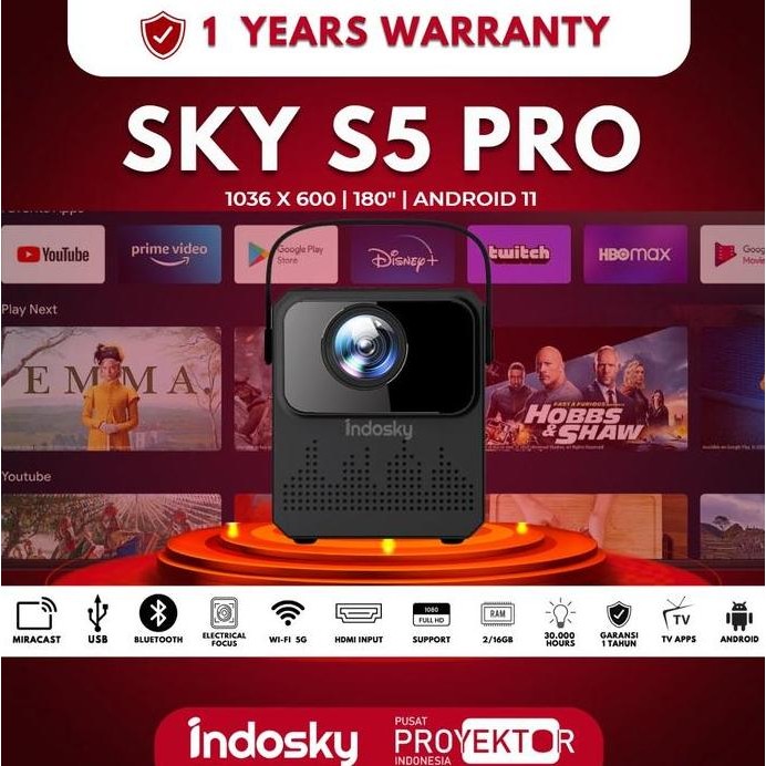 PPI - SKY S5 PRO - PROYEKTOR ANDROID TV | 180 ANSI | LAYAR LEBAR 150 | WIFI & BLUETOOTH ORIGINAL DAN