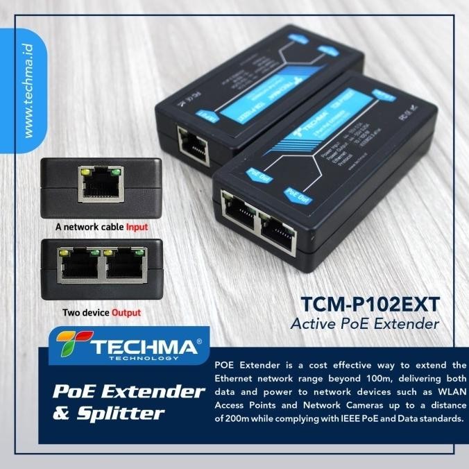 Techma 1 to 2 Aktip PoE Extender & Splitter