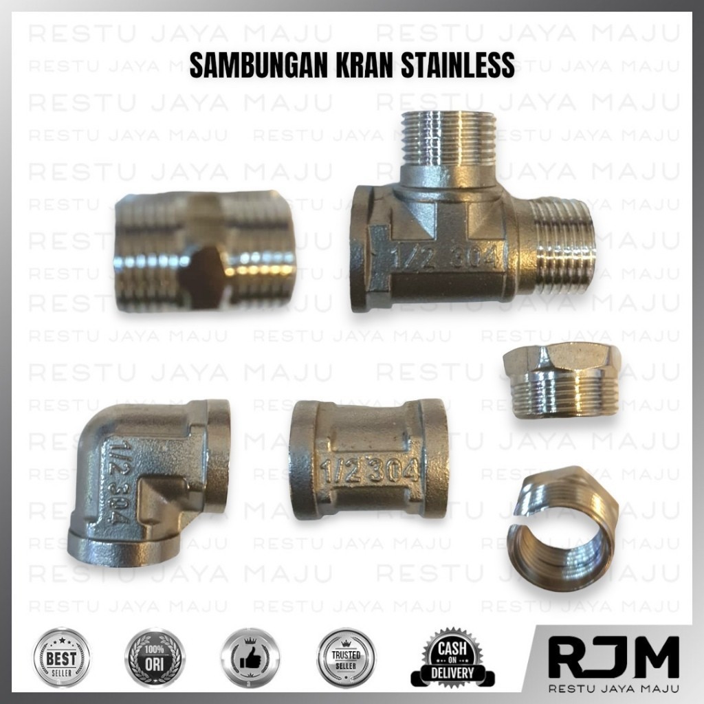 Sambungan Kran Stainless Steel 1/2 3/4 " inch air Verlop Ring Drat Knee Sock T Double Nepel Knie