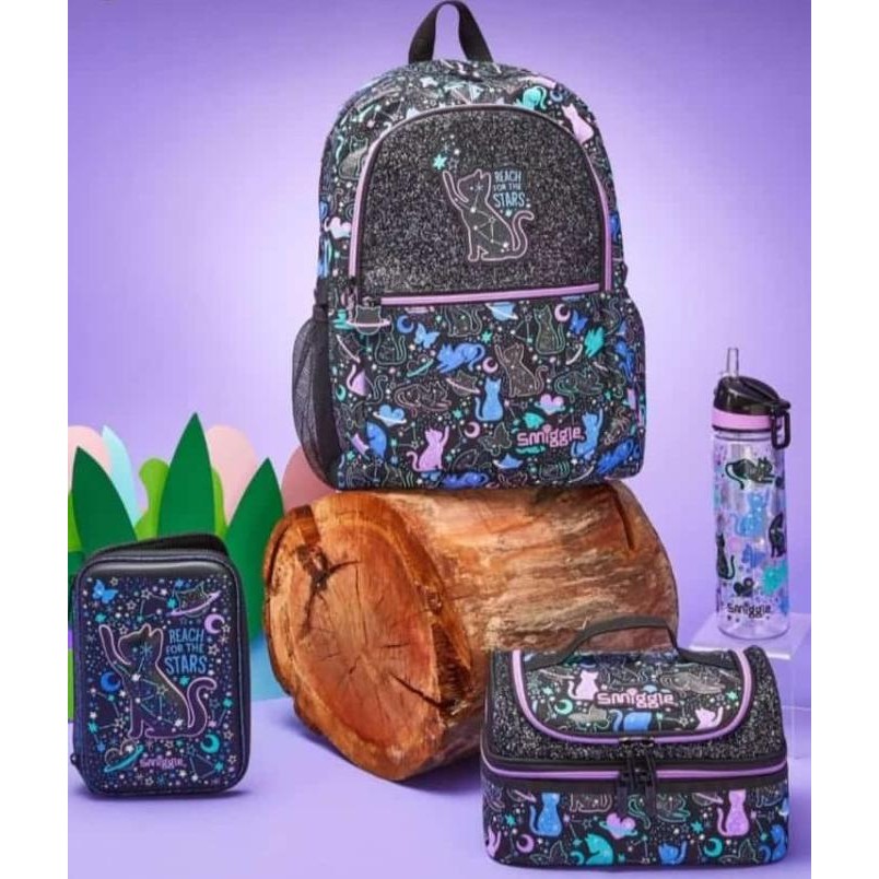 Promo Smiggle Wild Side Starry Kitty Cat Backpack Lunchbag Bottle Set