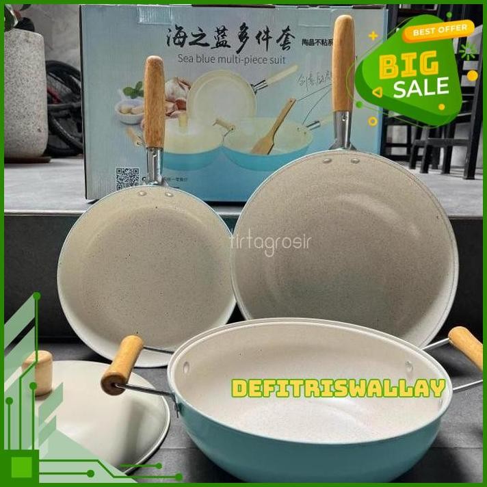 3IN1 3 IN 1 SET PAKET WAJAN KERAMIK BIRU ISI 3 PCS PANCI MASAK PENGGORENGAN SOUP SUP ANTI LENGKET CE