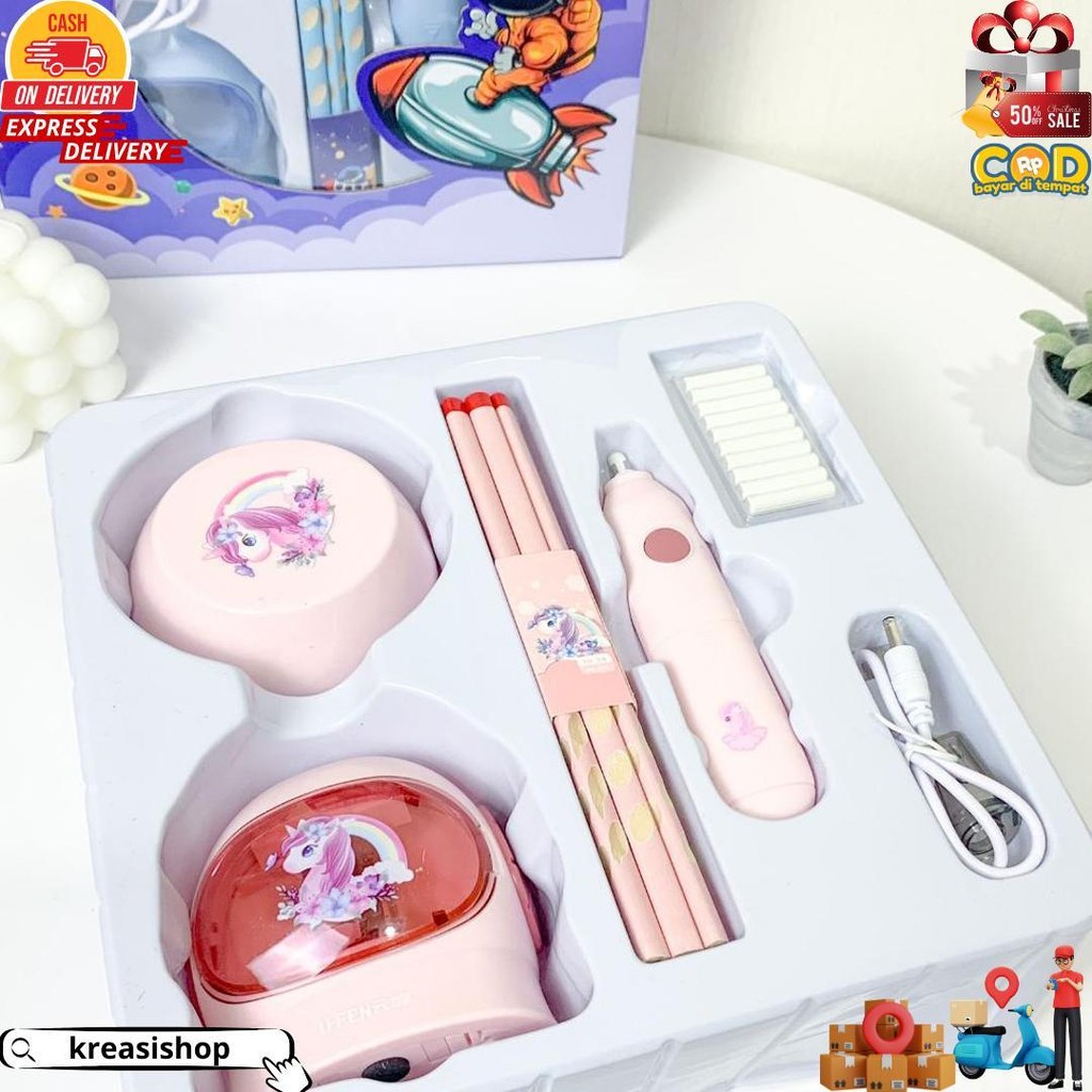 

Paket 6 In 1 Electric Box Stationery Set / Set Alat Tulis Atk Elektrik Rautan Penghapus Vacuum Dust Cleaner Pensil Free Kabel Charger Unicorn Rainbow Space Astronot Astronauts Bingkisan Kado Hadiah Anak Sekolah Hampers Grosir Ready Cod D Gratis Ongkir