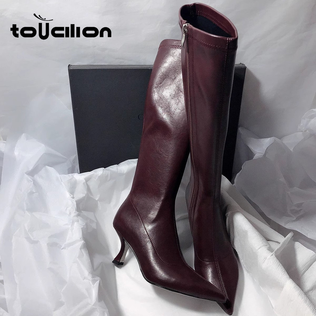 Sepatu bot wanita, sepatu bot ritsleting samping, sepatu bot runcing, sepatu bot stiletto hak tinggi