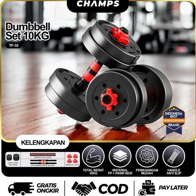 Champs Barbel 10 Kg Set Adjustable Olahraga Angkat Beban Mudah Dilepas Pasang Co