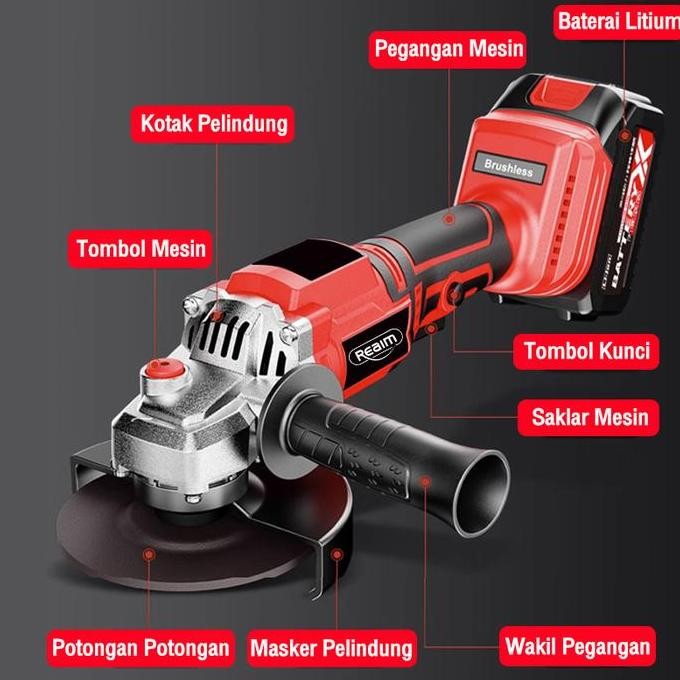 Reaim Gerinda baterai cordless brushless Mesin Gerinda tangan lengkap 4 mata Angle grinder elektrik 