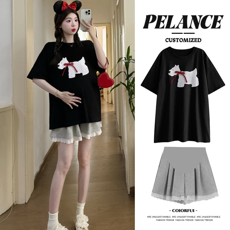 Fashion Indonesia！Wanita Hamil Cetak Longgar T Baju Kaos+Setelan Celana Pendek Pinggang Tinggi Essen