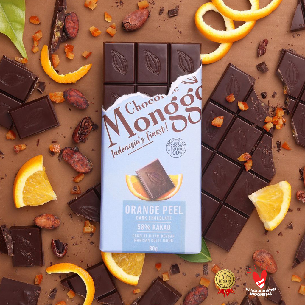 

Chocolate Monggo | Orange Peel & Dark Chocolate 80g | Coklat Murni 100% kakao Butter | Kulit Jeruk & Cokelat Hitam