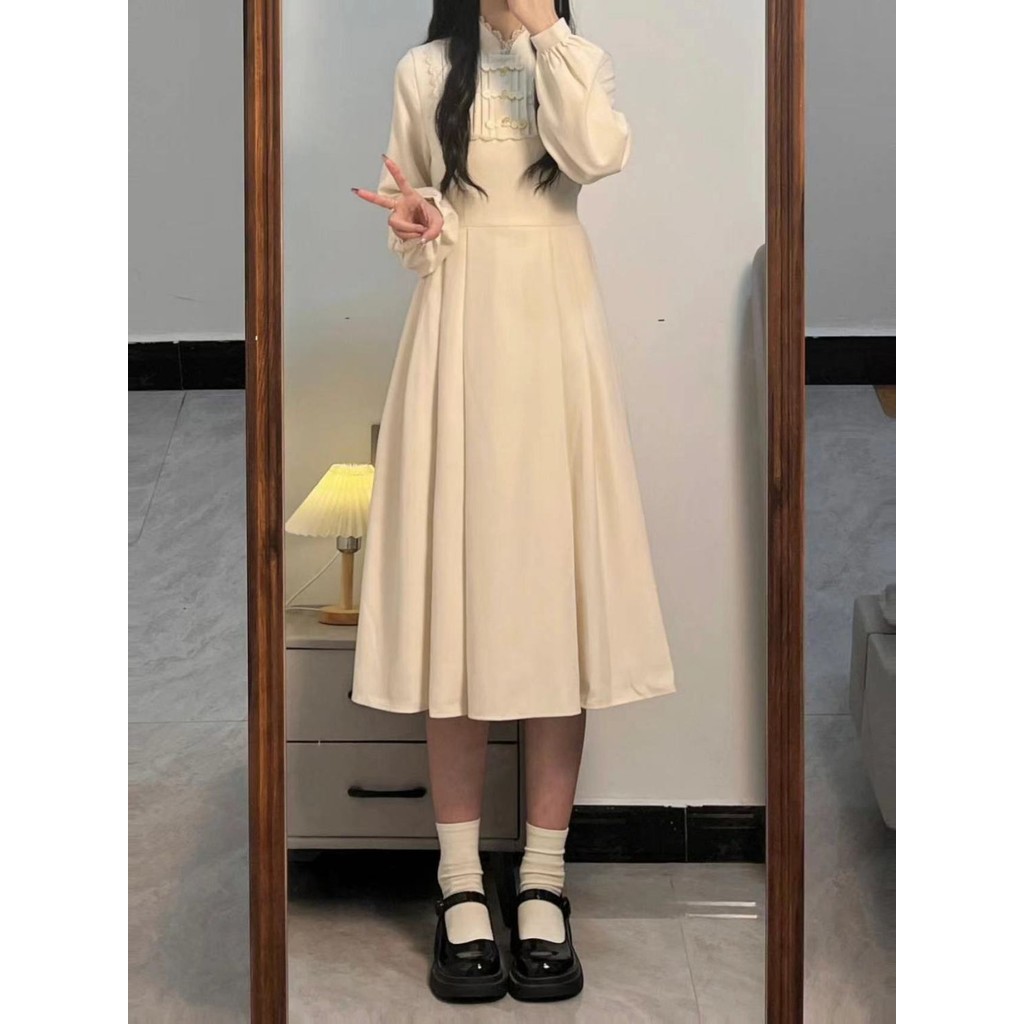 Mori Girl Dopamine Apricot Long Sleeve Round Neck Dress