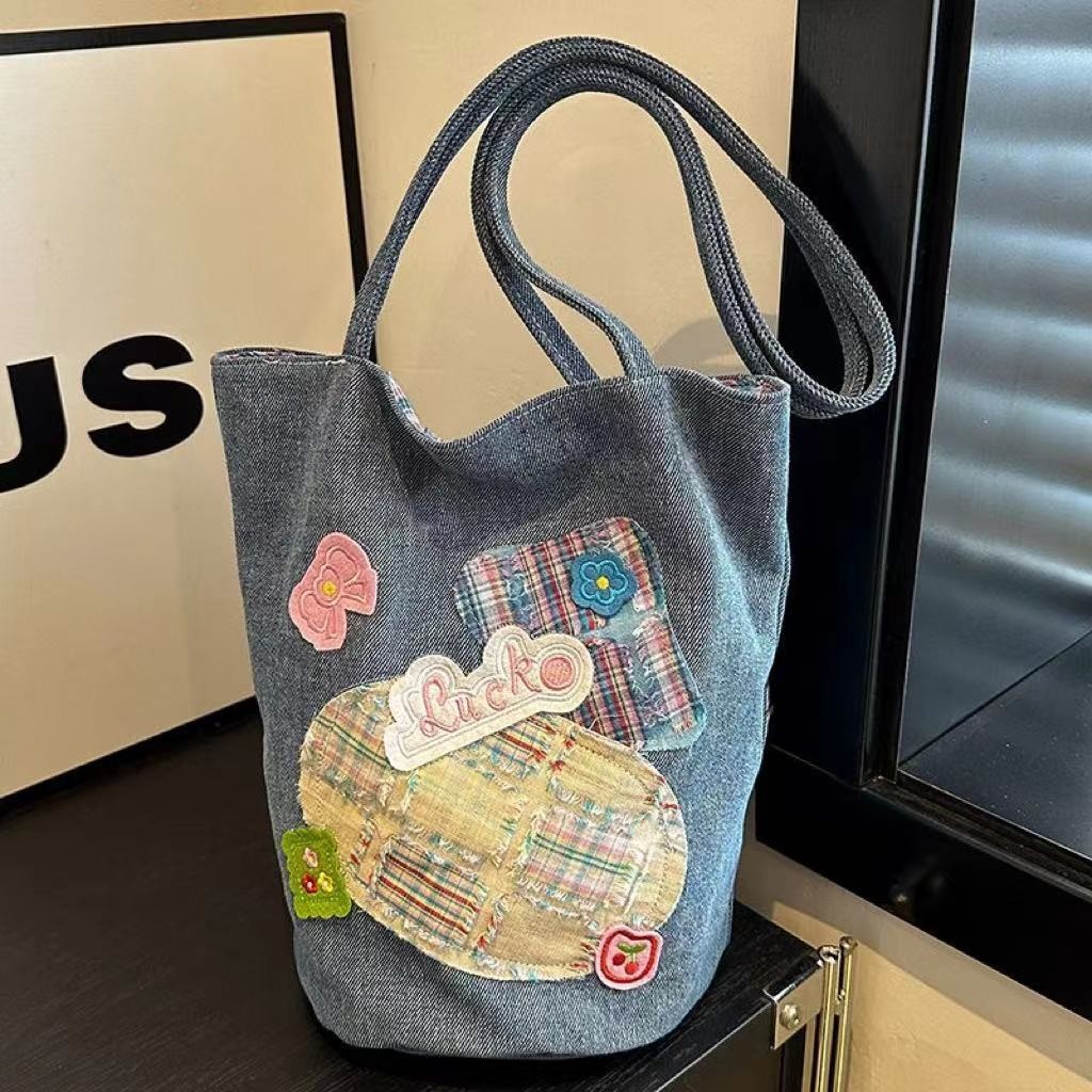 Tas Kain Denim Tas Tote Fashion Wanita Serbaguna Kapasitas Besar Tas Kanvas Tas Ember