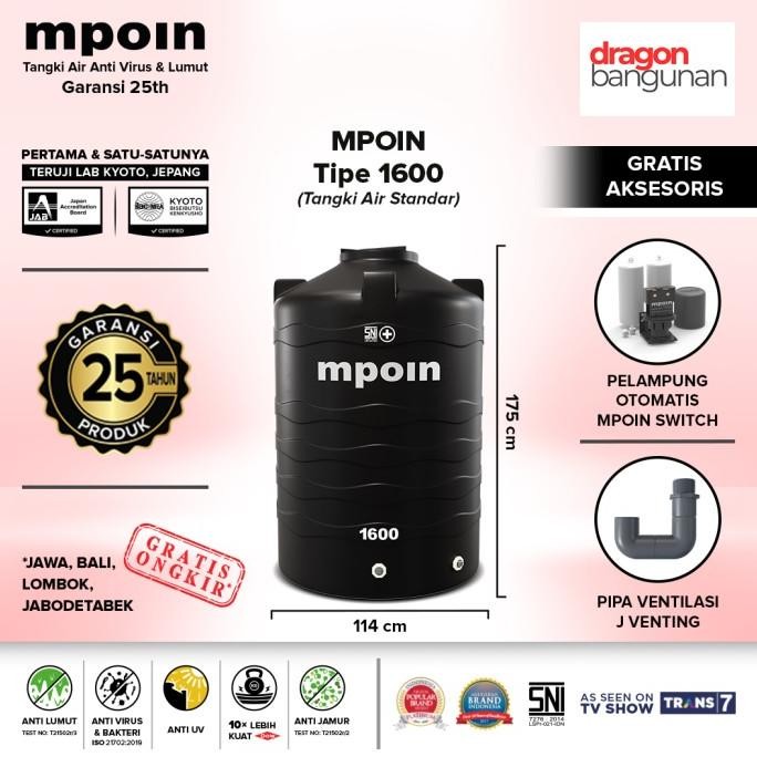 Terjangkau Toren / Tandon / Tangki Air Mpoin Plus 1600 / Mpoin Wave 1600 Hitam
