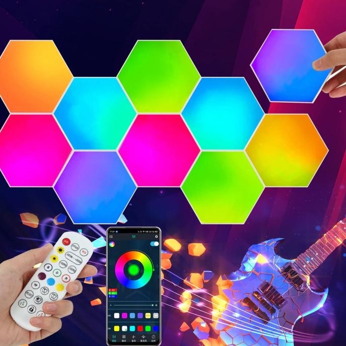 Lampu Hexagonal RGB LED 3 6 10 Pcs Light Lamp Hexagon Hias Dekorasi Interior Kontrol Aplikasi Remote