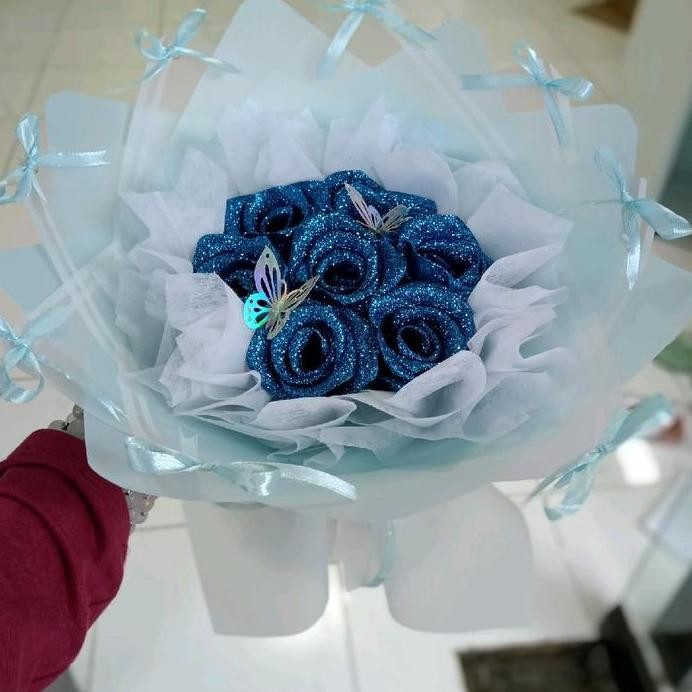 

Buket bunga Satin korean stiley,gliter+kupu-kupu+pita nama murah