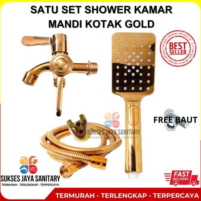 Shower Kamar Mandi Kotak Gold Sepaket + Kran Cabang Stainless Drat Pipa 1/2 Inch Shower Warna Emas A