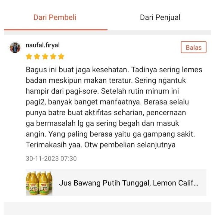 

Jus Bawang Putih Tunggal, Lemon, Jahe Merah, Madu, Cukaapel, Kayumanis