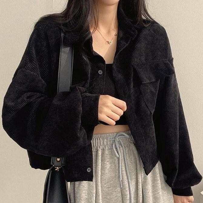 Sale Telly 041 Jaket Corduroy Wanita Outer Crop Jacket Hitam Retro Style Vintage Pakaian Wanita Baju