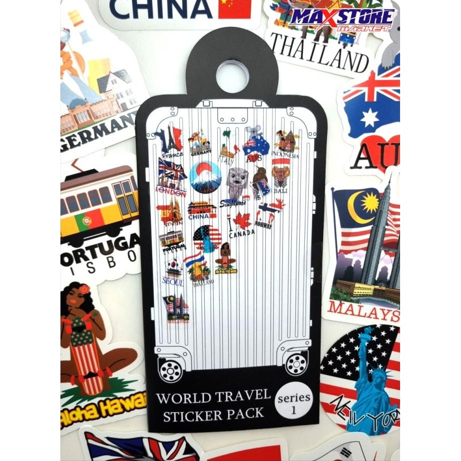 

world travel sticker pack series 1 / landmark sticker / country sticker / sticker nama nama negara / sticker bendera / flag sticker / sticker koper set / travel bag sticker / sticker koper nama negara / travel sticker murah