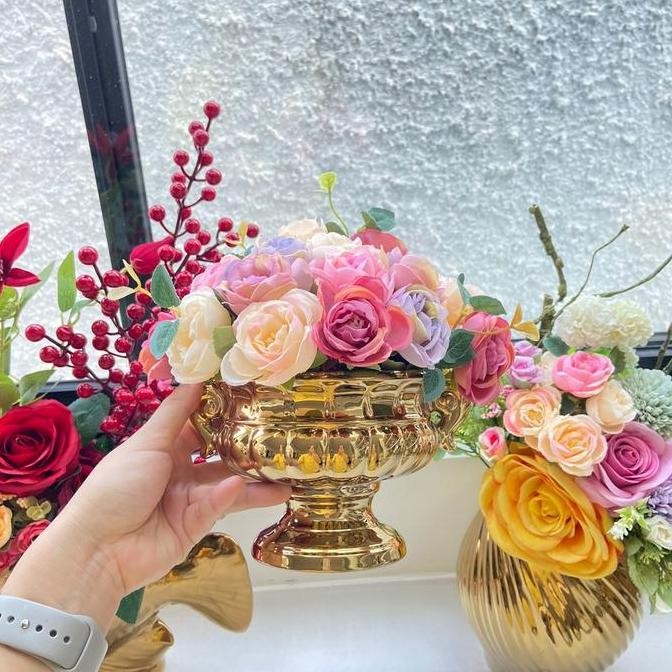 Murah Full Set Vas Bunga Keramik & Rangkaian Bunga Mawar Kecil / Baby Rose Premium