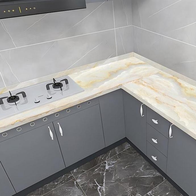 walpaper dinding dapur 6 meter X 60cm anti api, air dan minyak panas motif granit krem Stiker