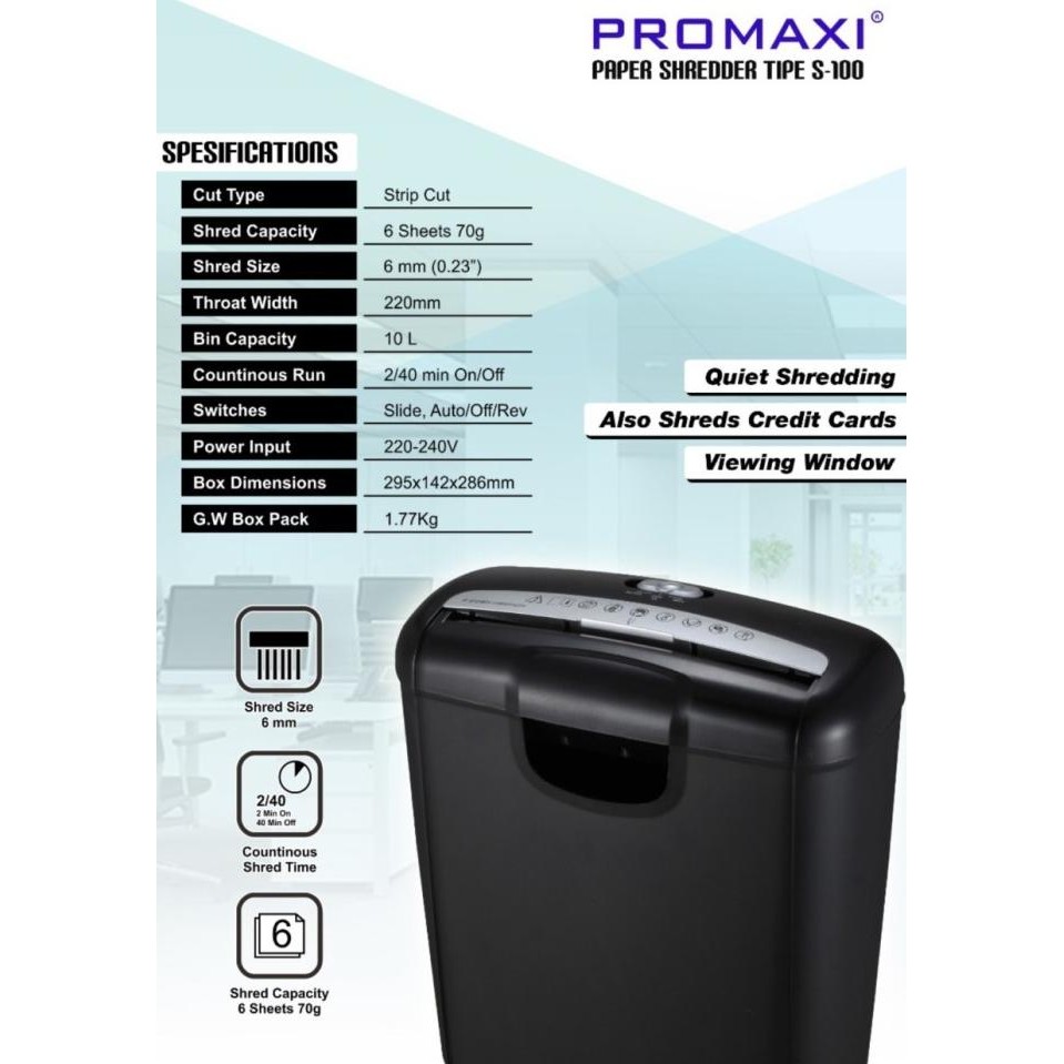

Murah Mesin Penghancur Kertas Promaxi S100 - Paper Shredder Promaxi S-100