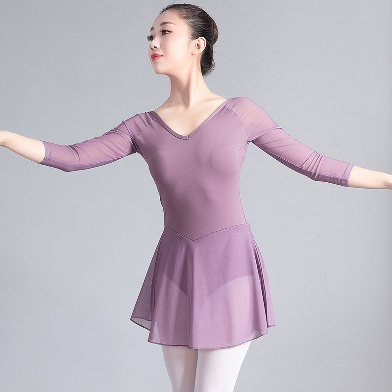 Dance Practice Outfit/Women's Adult Body Suit Three-Quarter Sleeve Ballet Leotard with Tulle Skirt