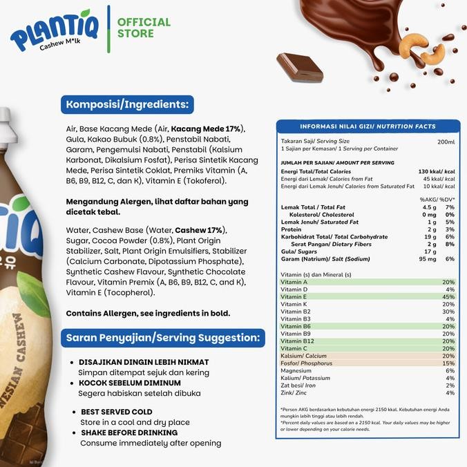 

Murah [24 Pcs Mix] Plantiq Cashew Milk Original Chocolate 200Ml - Susu Kacang Mede Rasa Original & Coklat - Non Dairy Milk Lactose Free