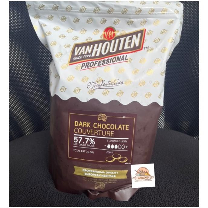 

Grosir Van Houten Dark Chocolate Couverture 57.7% 1.5Kg Bag Cokelat Coin