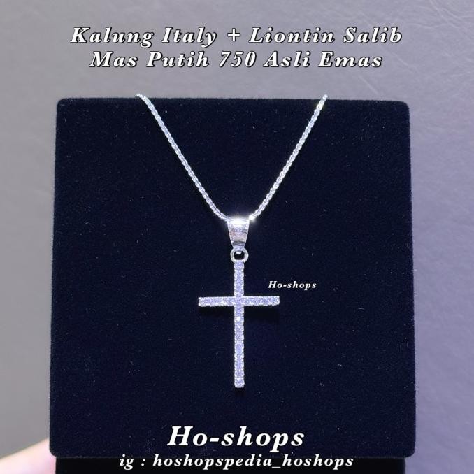 Kalung Panjang + Liontin Salib Mas Putih Kadar 750 Asli Emas REZ