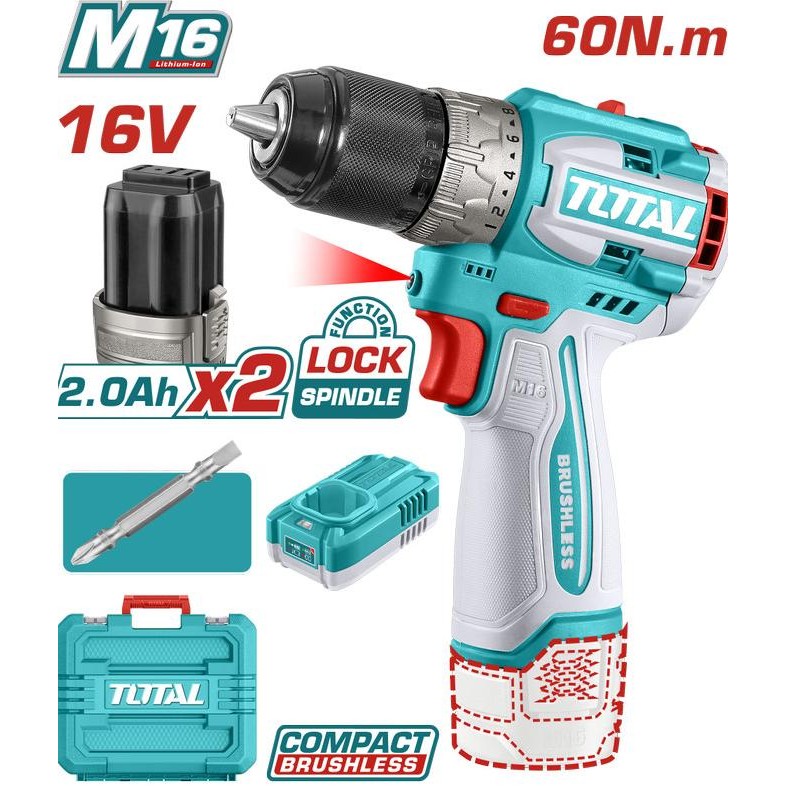 Murah Total Compact Brushless Cordless Drill Tdli16682 - Bor Baterai 16V