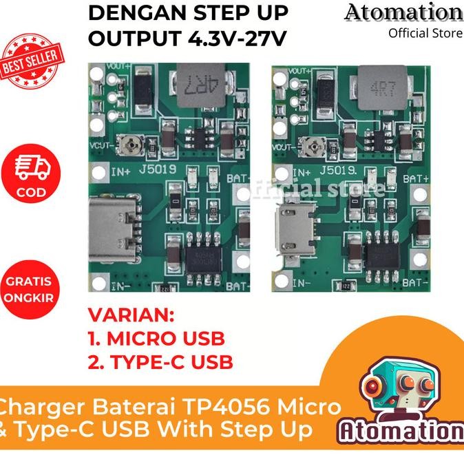 Modul Tp4056 Tp-4056 With Step Up Charger Baterai Micro & Type-C Usb Lithium Carger Battery 18650 Li