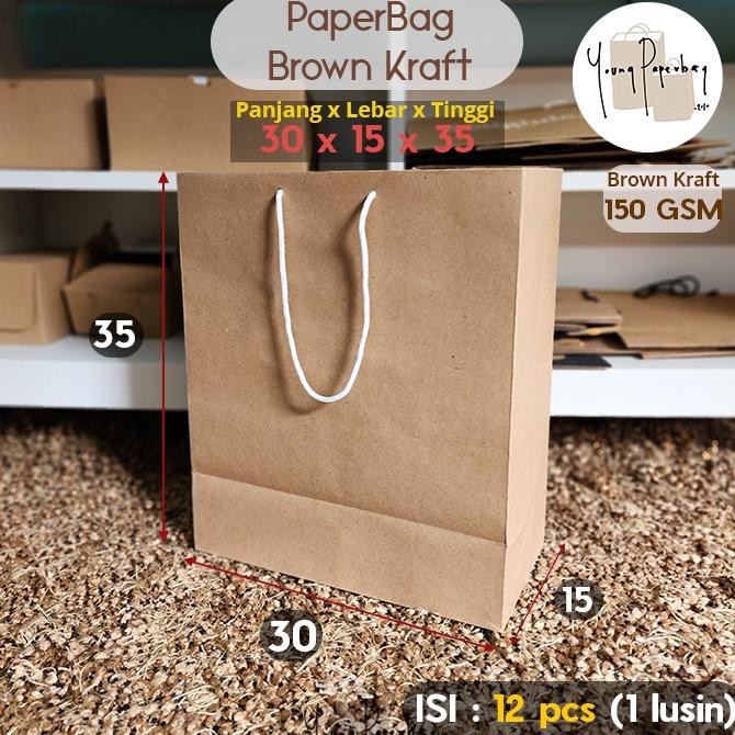 

Er-90 Paper Bag/Tas Kertas Paperbag Polos Kraft Coklat 30 X 15 X 35 150Gsm