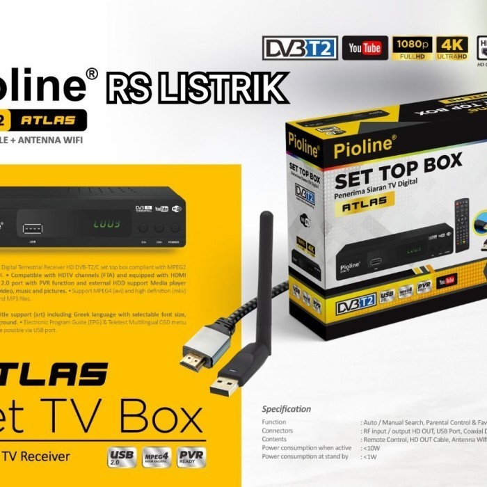ready stok paket set top box pioline dvb-t2 atlas - bonus usb dongle wifi + hdmi original