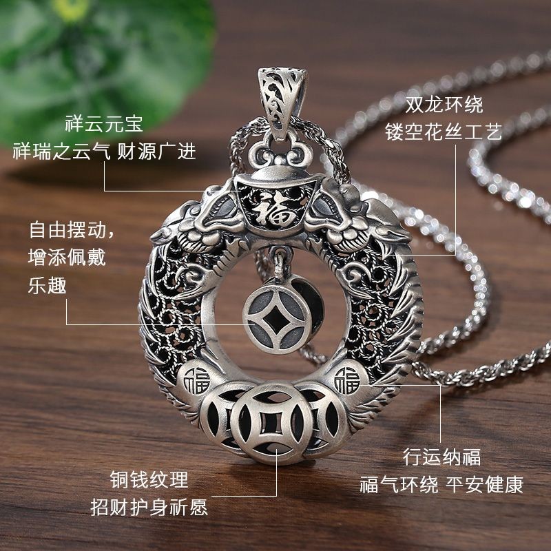Perak Murni999Xianglong Berkat Liontin Gesper Perdamaian Perak Murni Kalung Koin Tembaga Tren Nasion