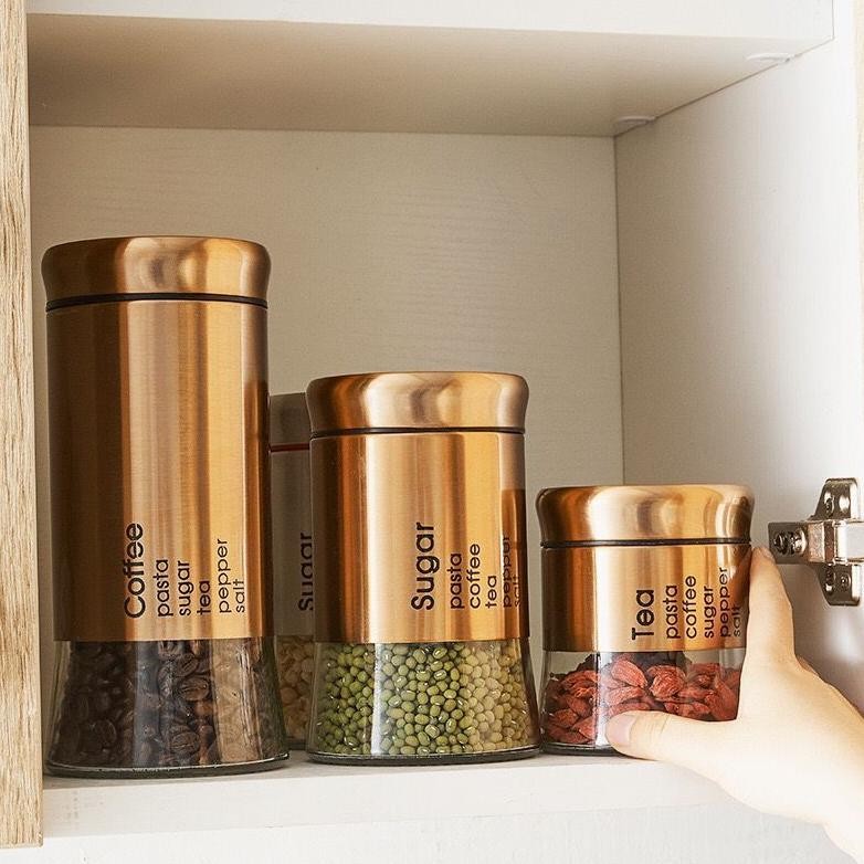 Botol Tempat Bumbu Kaca Serbaguna untuk Kopi, Teh, Gula, Toples Kacang, dan Biji-bijian