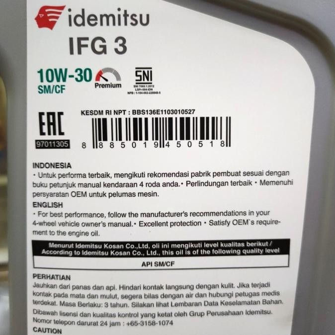 Cars Oli Mesin Idemitsu 10W-30 SM/CF 4L Mobil Bensin Original